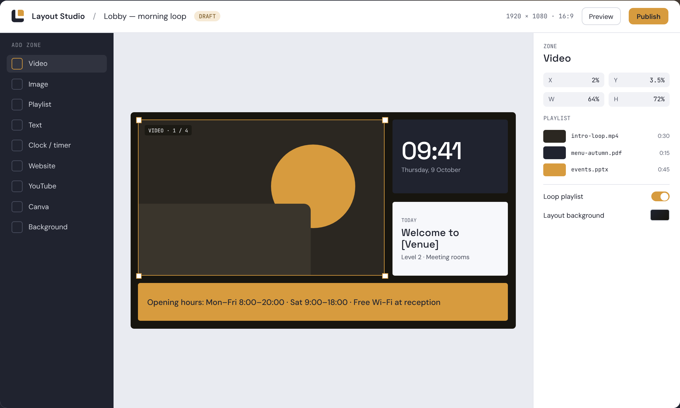 Lumina Layout Studio: a 16:9 layout with video, clock, text and ticker zones, the zone tools on the left and the selected zone's settings on the right